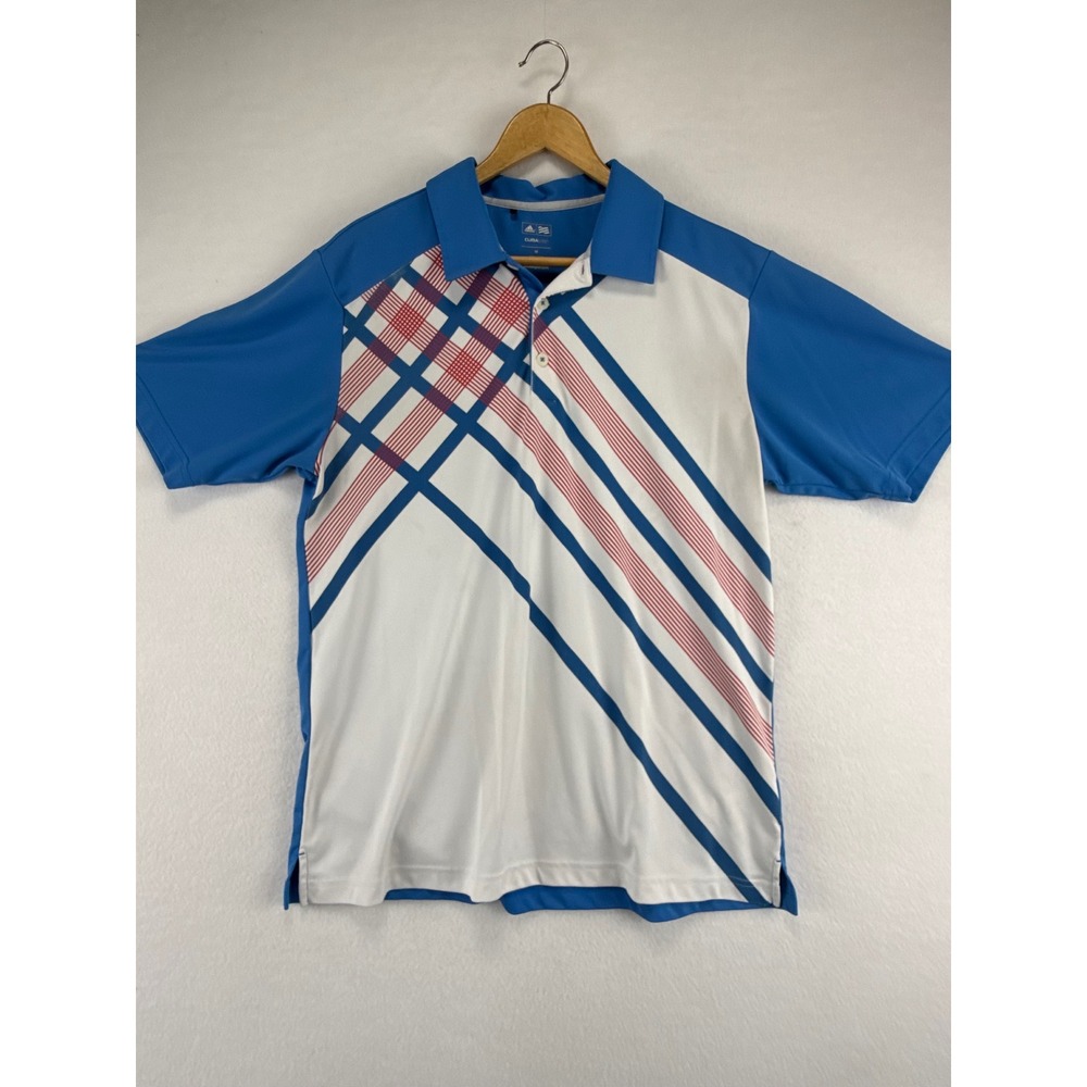 Adidas Golf Shirt Mens Medium Blue White Climalite Short‎ Sleeve Polo Graphic